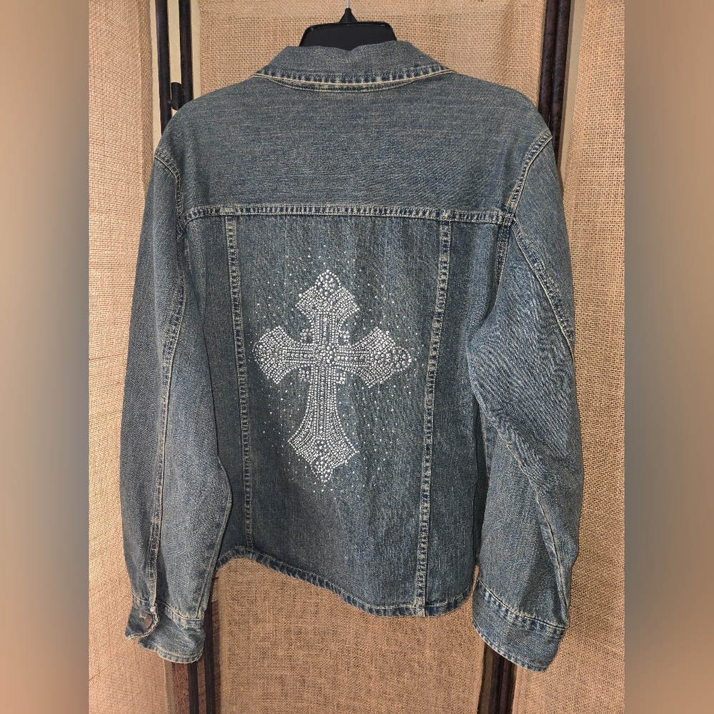 Women's Bill Blass Blue Denim Jacket Rhinestone Cross Y2k Size XL - Picture 11 of 12